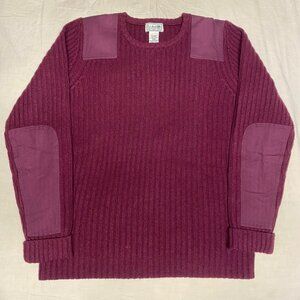 Vintage L.L. Bean Men’s Wool Sweater Burgundy Ribbed Knit with Suede Shoulder